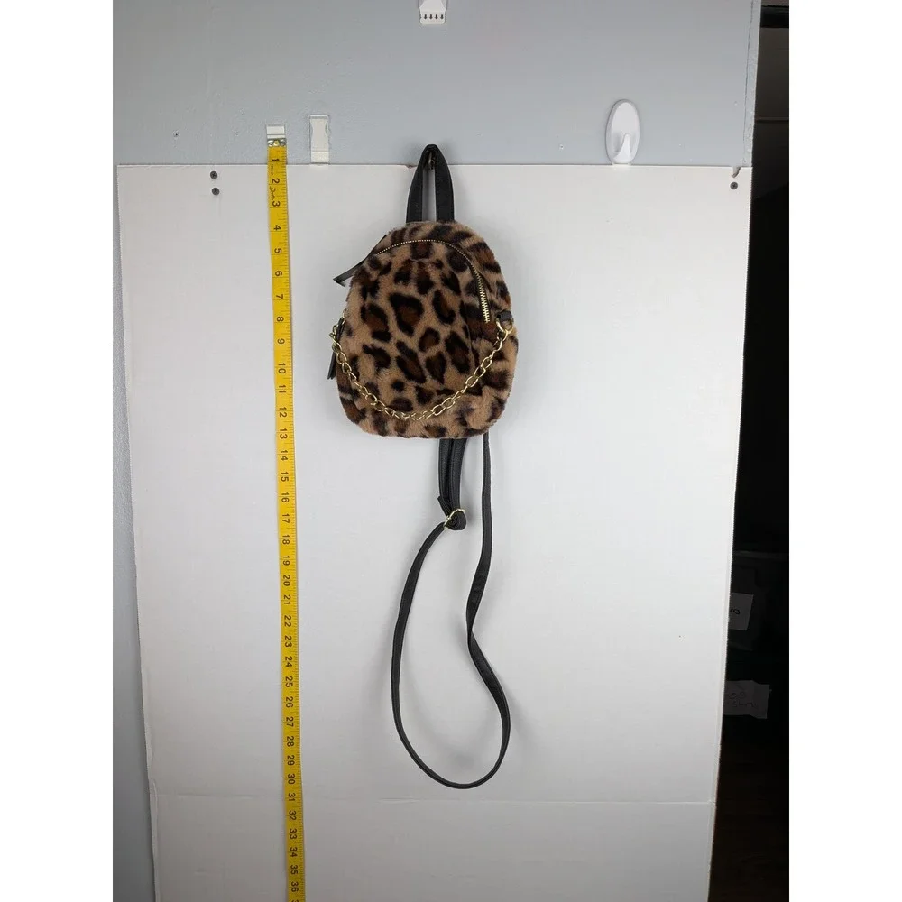 No Boundaries Leopard Print Faux Fur Mini Backpack Gold Chain Accent Brown Black